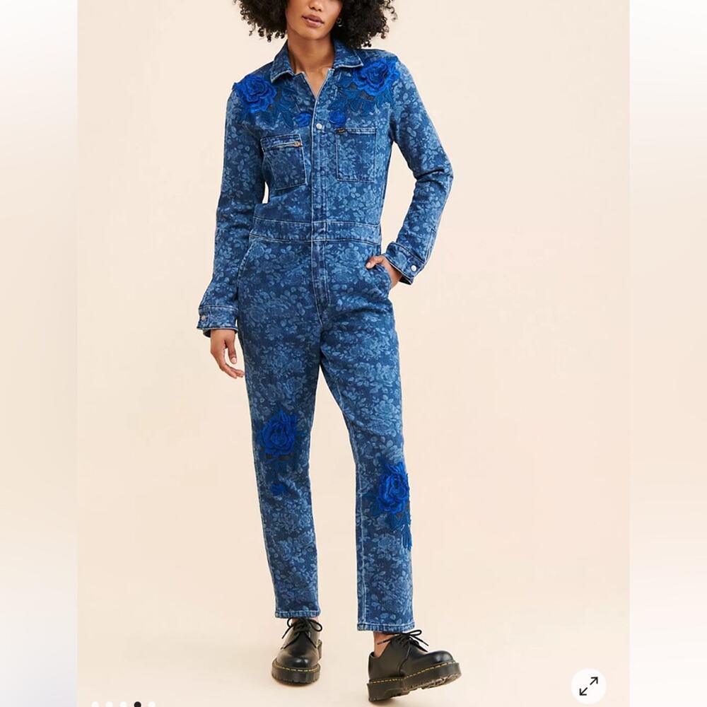 Tricia Fix X Lee denim floral appliqué Union-Alls coveralls jumpsuit EUC, S.